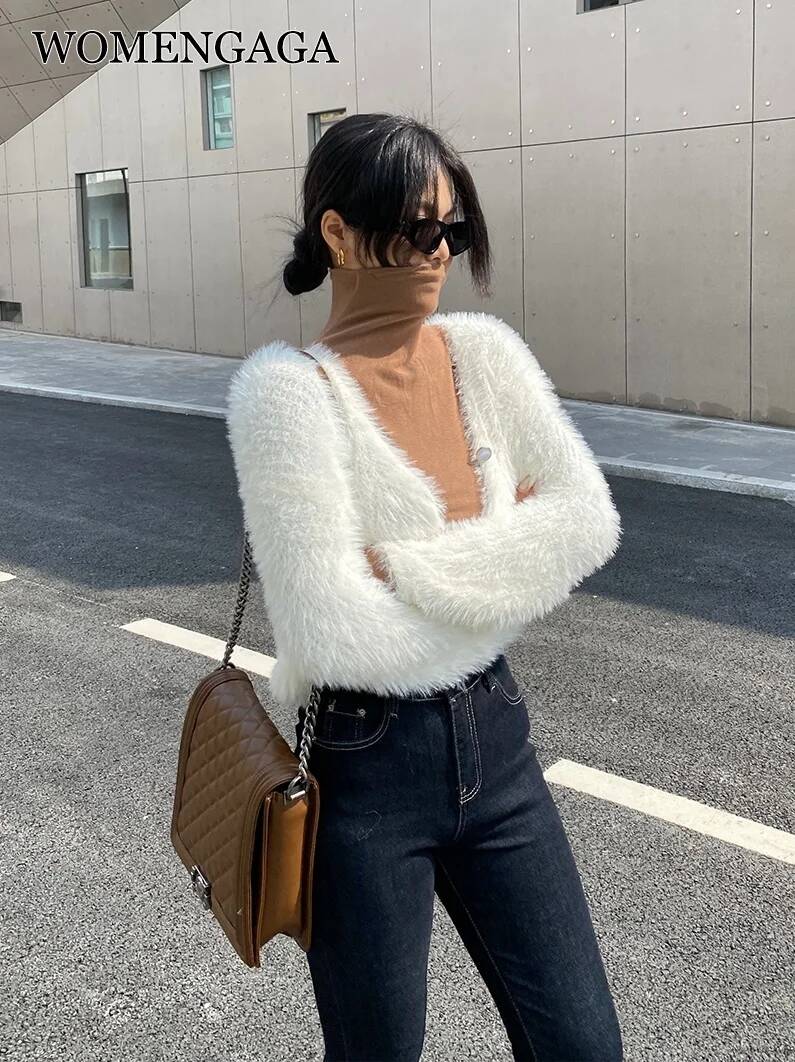 Street Fashion In Japanese - WOMENGAGA Kardigan Lembut Bulu Cerpelai Imitasi