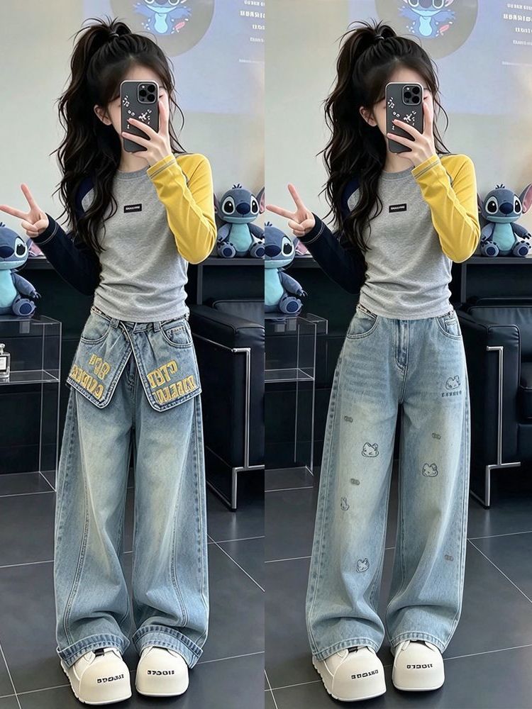 Street Fashion Korean Girl - Setelan Denim Lengan Panjang Kasual untuk